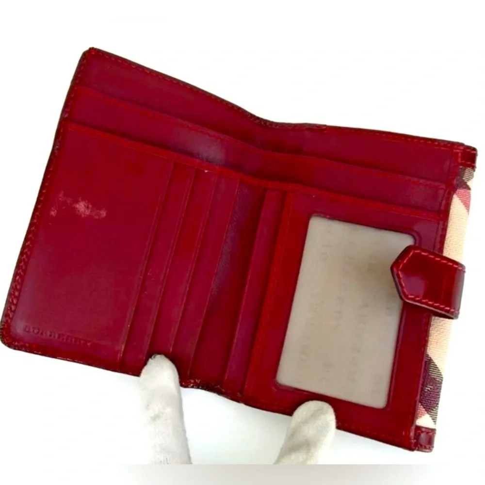 BURBERRY Maroon & Tan Star Print Canvas & Patent Leather Wallet, EUC
